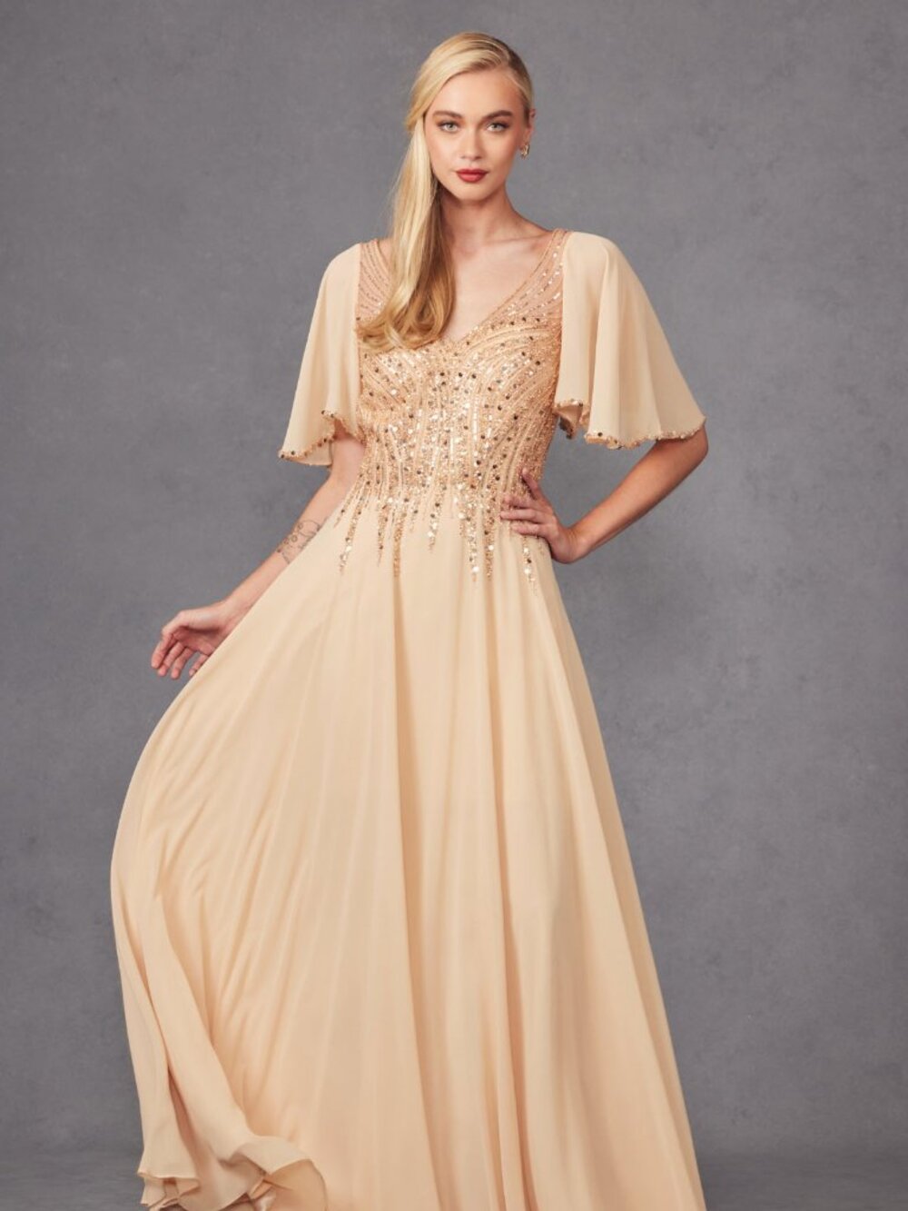 New Champagne Elegant A-line Mother Of The Bride Gown w/ Flutter Sleeves JTM14F